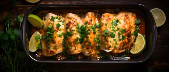 Chicken cheese Enchiladas - Mexican tortilla with chorizo and chicken.
