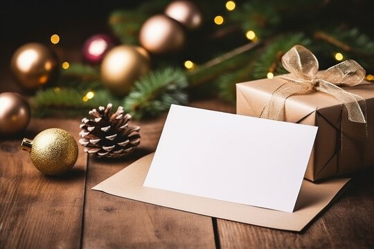 Christmas greeting card in Christmas elements background. AI generative