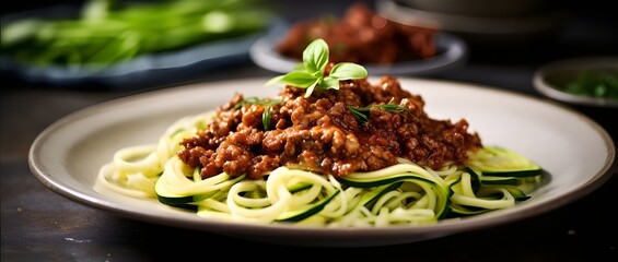 spaghetti with pesto sauce, pasta Bolognese with mincemeat and zucchini noodles, food background - obrazy, fototapety, plakaty