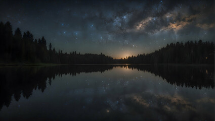 Sunrise over a serene lake reflecting the beautiful still dark sky with twinkling stars 
