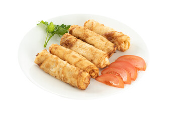 Fried spring rolls on a white plate.