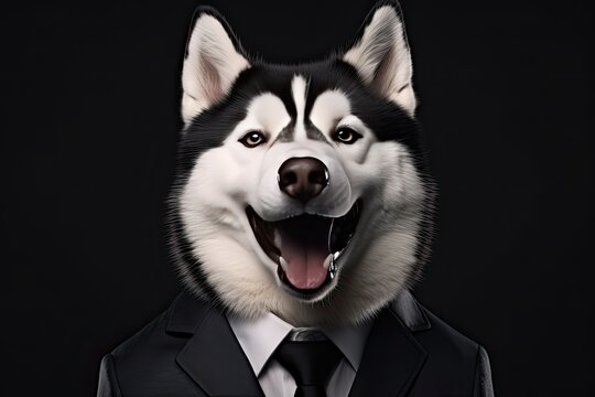 Siberian Husky dog portrait wearing in suit. Healthy dog. Generative AI