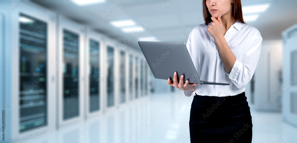 Poster pensive woman using laptop in data server center, computing and engineering. ai generative