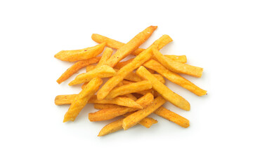 Pile of fried potato sticks isolated on white background , top view , flat lay.