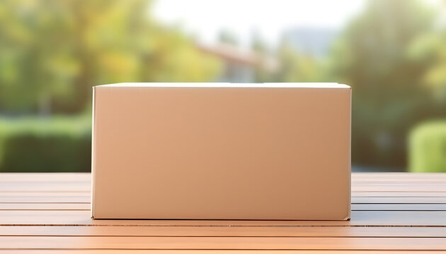 Beige enlongated blank cardboard parcel box on light brown wooden table surface, sunny day and blurred outdoors green home garden background. Messenger and delivery service concept.