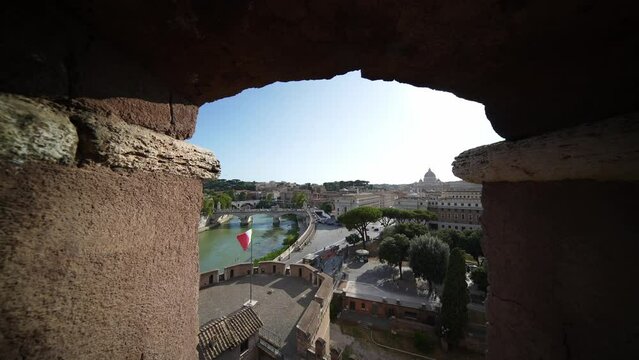 Historic Rome cityscape view from Castel Sant Angelo. Summer tourism landmark destination in Italy.