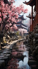 Fototapeta na wymiar Wallpaper of Cherry Blossoms in Full Bloom Against a Serene Temple Garden, Generative AI