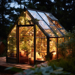 Enchanted greenhouse with fairy lights
