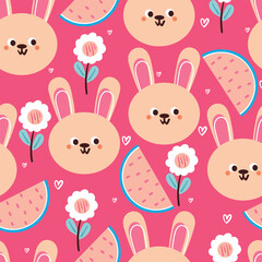 seamless pattern cartoon bunny with watermelon and flower. cute animal pattern in pink background for summer wallpaper, gift wrap paper