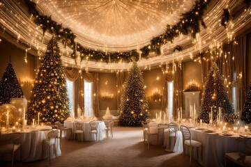 christmas design with trees decoration in the interior of the room with amall lightning and brightning with christmas  decorated dinner tablw with speacial fod 