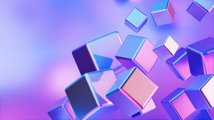 3Dレンダリングのメタルキューブが浮かぶ立体的な背景イラストレーション, ピンクや紫のネオンカラーのイメージ - obrazy, fototapety, plakaty