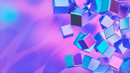 Image of a futuristic concept with floating pink and purple metallic cubes, beautiful abstract background with 3D rendering