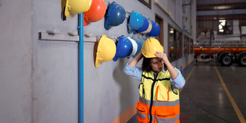 Portrait of confident young male worker holding safety helmet in warehouse
