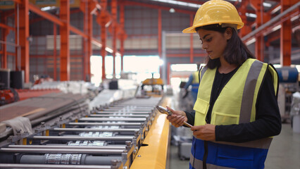 A female factory technician use a wrench to inspect the conveyor belt of the metal sheet production machine.