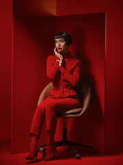 Fashion, thinking and a model woman on a red background in studio for elegant, chic or trendy...