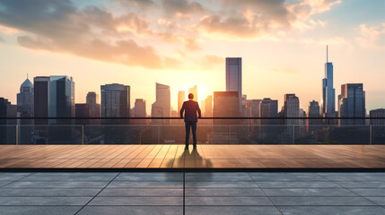 Pensive african businessman on the roof looking at the skyscrapers at the sunset. Ai generative