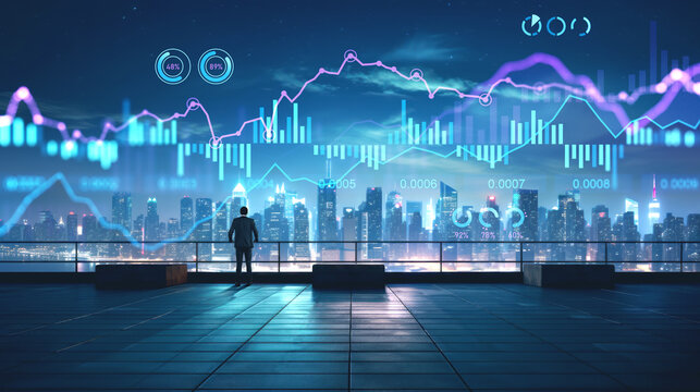 Businessman standing on rooftop, skyscrapers with business infographics. Ai generative