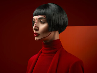 Woman, red aesthetic and studio profile with makeup art, thinking and ideas with couture, vision...