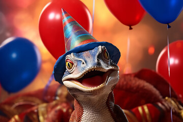 portrait of a funny animal snake in a festive hat celebrating his birthday at party with balloons ...