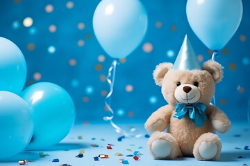 cute teddy bear in a party hat with confetti and balloons, beautiful happy birthday card on a blue festive background