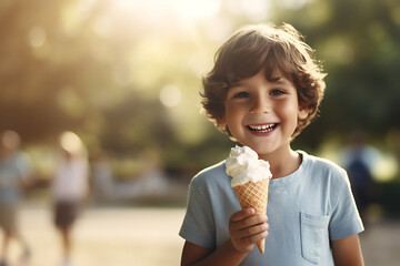 portrait of a smiling happy child eating ice cream in the park and looking at the camera