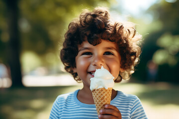 portrait of a smiling happy child eating ice cream in the park and looking at the camera