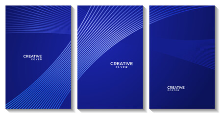 set of flyers with abstract dark blue background with dynamic glowing lines