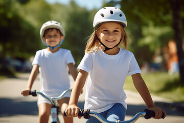 portrait of happy children riding bicycles in the park on a summer sunny day, active lifestyle and sport - obrazy, fototapety, plakaty