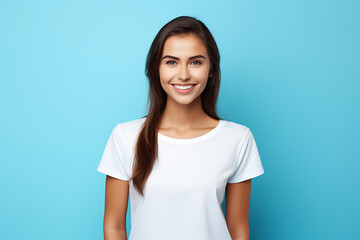 Obraz premium portrait of beautiful smiling young woman with white teeth and smile dressed in white t-shirt isolated on blue background
