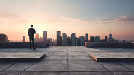 Businessman on the roof with clipboard, looking at the city skyscrapers. Ai generative