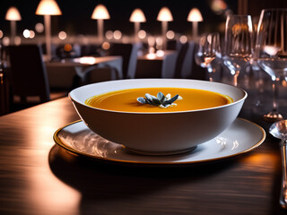 zuppa in ristorante piatto luce soffusa gourmet  - obrazy, fototapety, plakaty