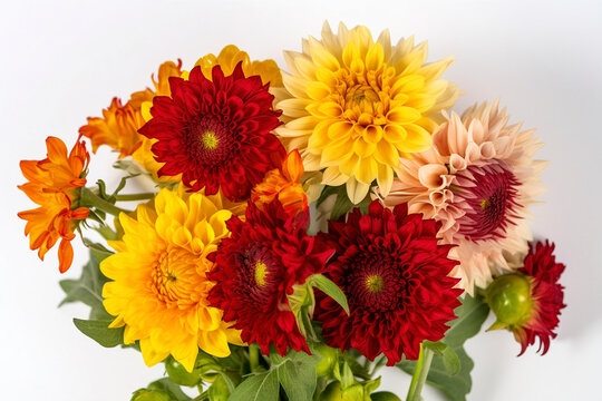 Chrysanthemums, dhalia, and sunflowers are set on a white background. (Generative AI)
