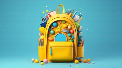 D render of colorful back to school concept with yellow backpack and books on blue background - obrazy, fototapety, plakaty