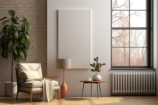 An empty vertical mockup frame mounted on a white wall in a sunlit room, offering a clean and well-lit setting for personalized content. Photorealistic illustration