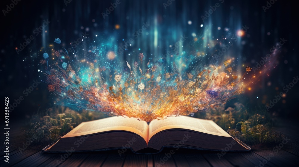 Wall mural an open book with sparkles coming out of it ideal for fantasy. generative ai.