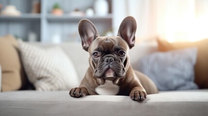 Modern living room interior. cute French bulldog on couch. Generative AI.