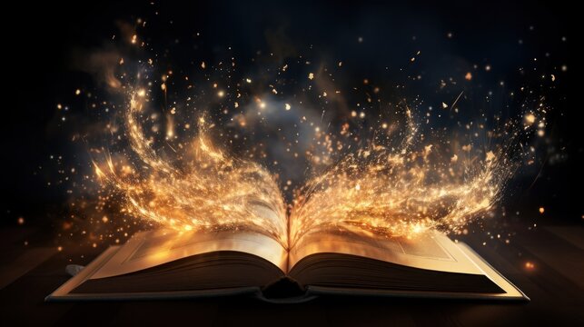 An open book with sparkles coming out of it ideal for fantasy. Generative AI.
