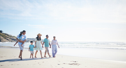 Beach, walking and grandparents, parents and kids by sea for bonding, quality time and relax in nature. Family, travel mockup and mom, dad and children by ocean on holiday, vacation and adventure