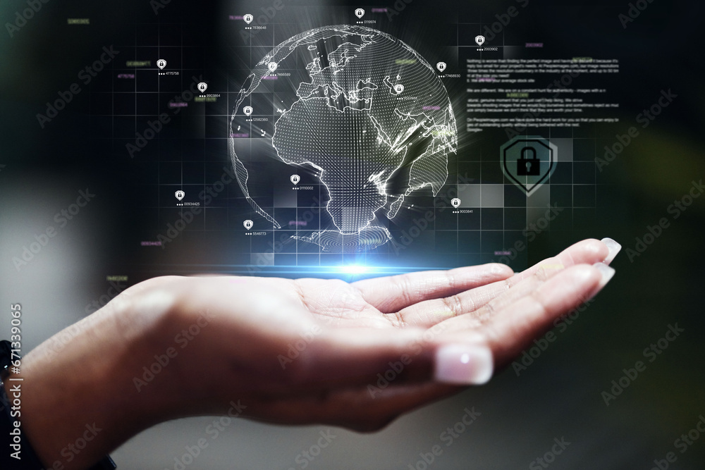 Aufkleber global network, future technology and hand with hologram for data protection, networking or ai. eart
