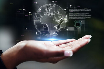 Global network, future technology and hand with hologram for data protection, networking or ai....