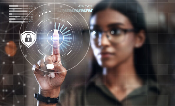 Woman, fingerprint scan and biometrics for futuristic cyber security on hologram or dashboard hud at office. Hand of female person in recognition for digital access, identification or verification