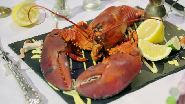 Wide shot of a red lobster on a plate, white table food concept . Close up shot