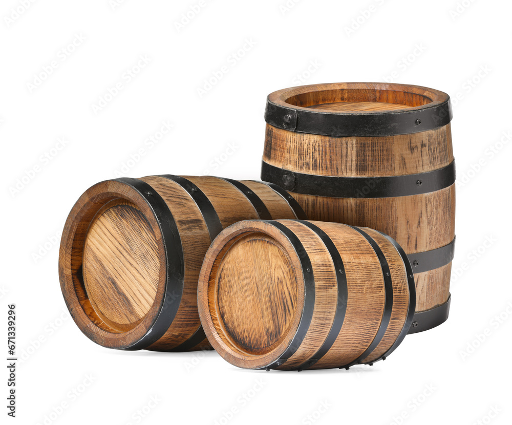 Poster Set of many wooden barrels on white background