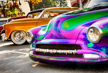 Psychedelic customized vintage car on display.