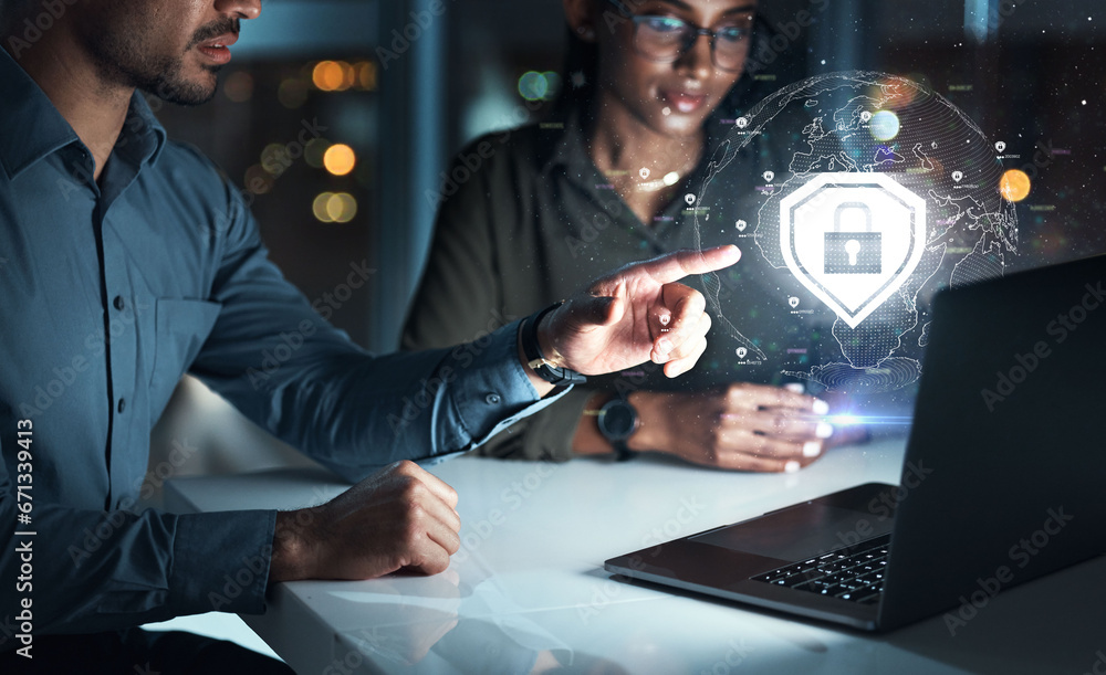 Aufkleber Big data, graphic and cybersecurity team with 3d software design for computer. Security, information technology and pointing with fintech hologram and futuristic app in a office at night with lock