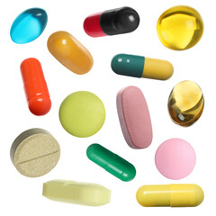 Many pills in different forms and colors isolated on white, collection