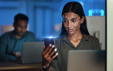 Futuristic, woman with phone and biometric facial recognition for cybersecurity, id or scan face...