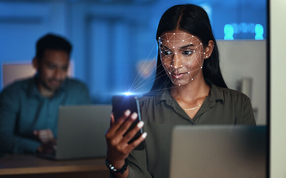 Futuristic, woman with phone and biometric facial recognition for cybersecurity, id or scan face for mobile safety. Smartphone, businesswoman and hologram technology for access control or protection
