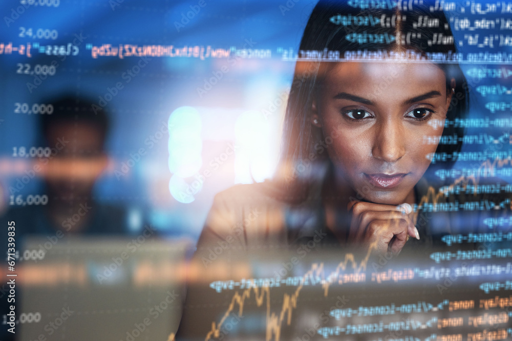 Poster Programming, code and woman with focus, hologram and digital software with cyber security, futuristic and website development. Female person, coder or trader with data analysis, research or analytics