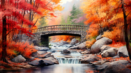 A stone bridge over a river in New England on a beautiful Autumn day